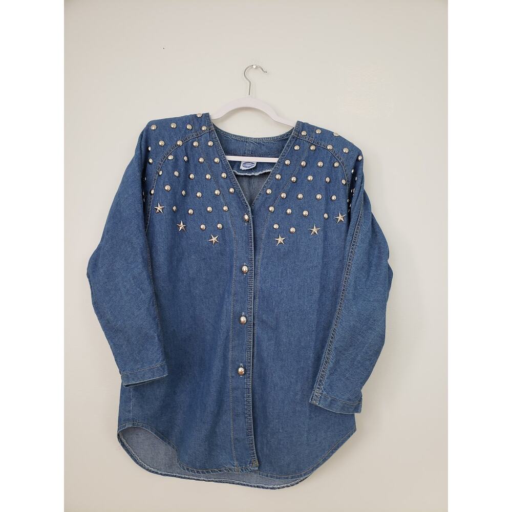 Ju) Vintage Bingo Bingo Women's Chambray Blouse Size S Studded Cottagecore Fairy